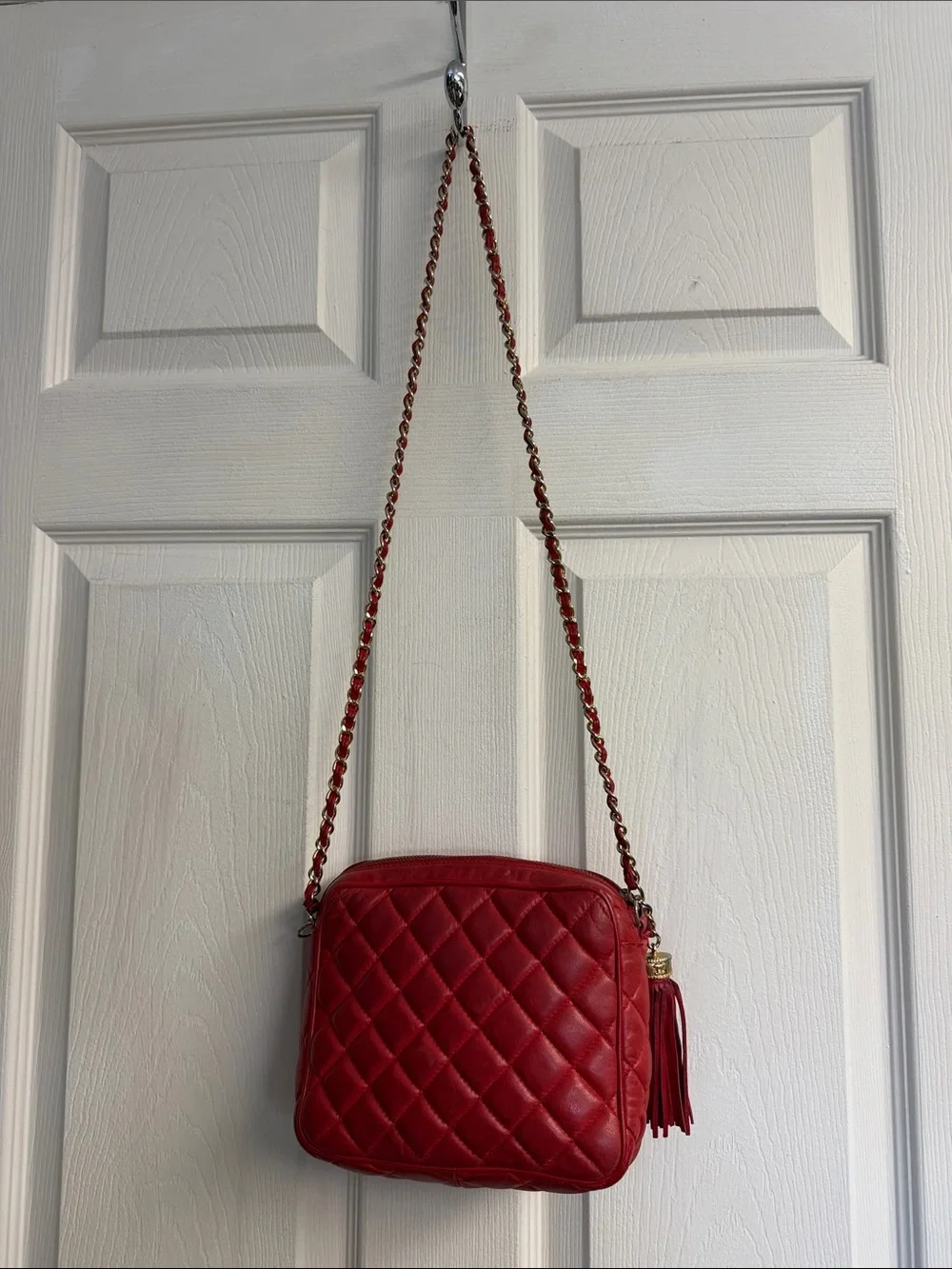 CHANEL Matelasse Fringe Lambskin Leather Fabric Red Chain Shoulder bag